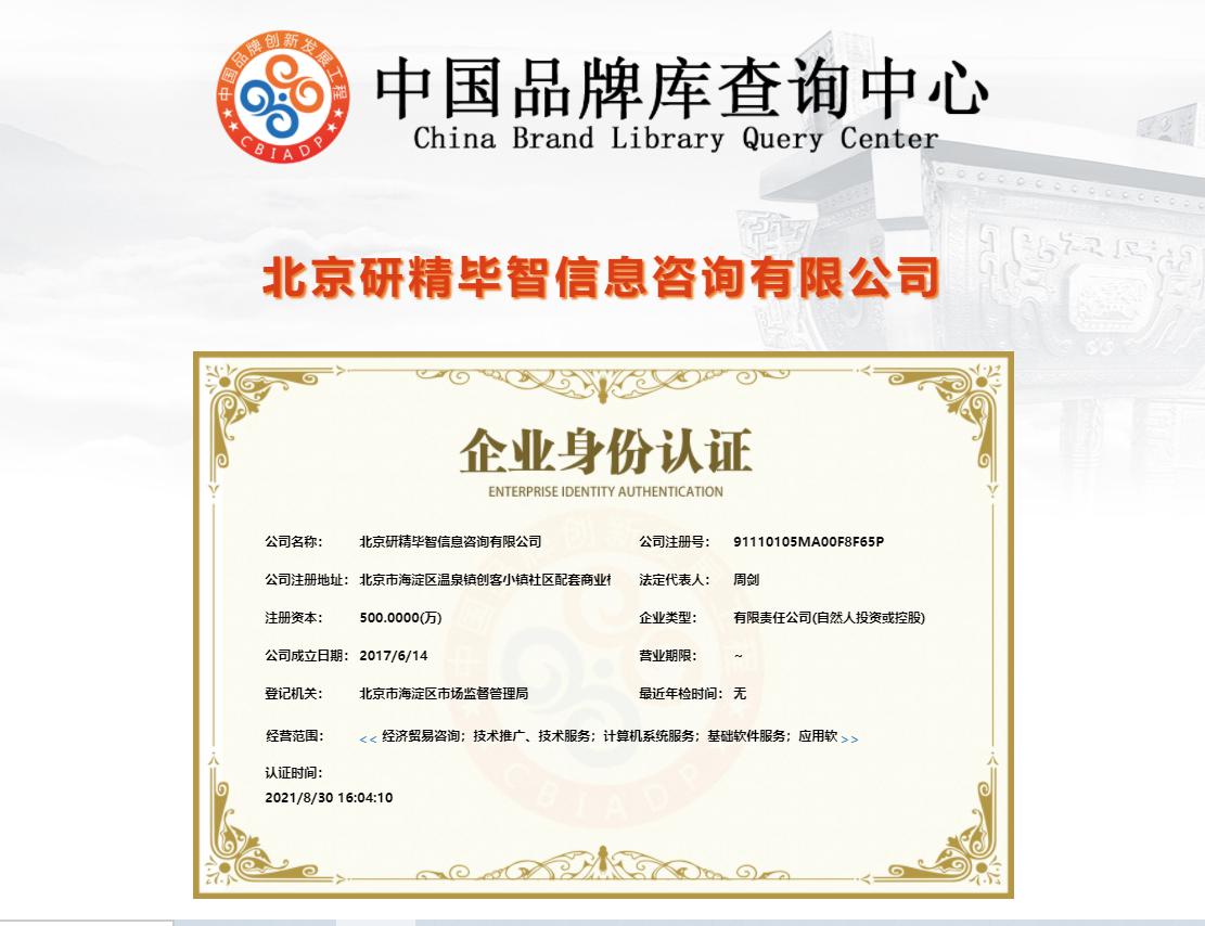 北京研精畢智信息咨詢有限公司企業身份認證
